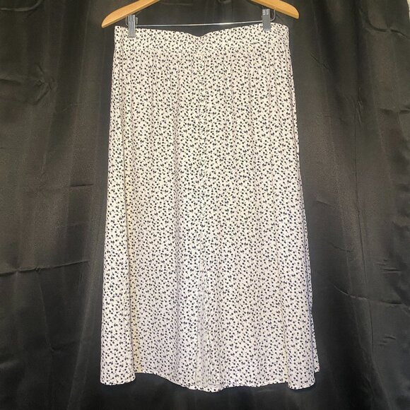 Loft Ann Taylor Black White Cherries Midi Skirt L Pull-On Front Split A-Line EUC - Picture 1 of 8